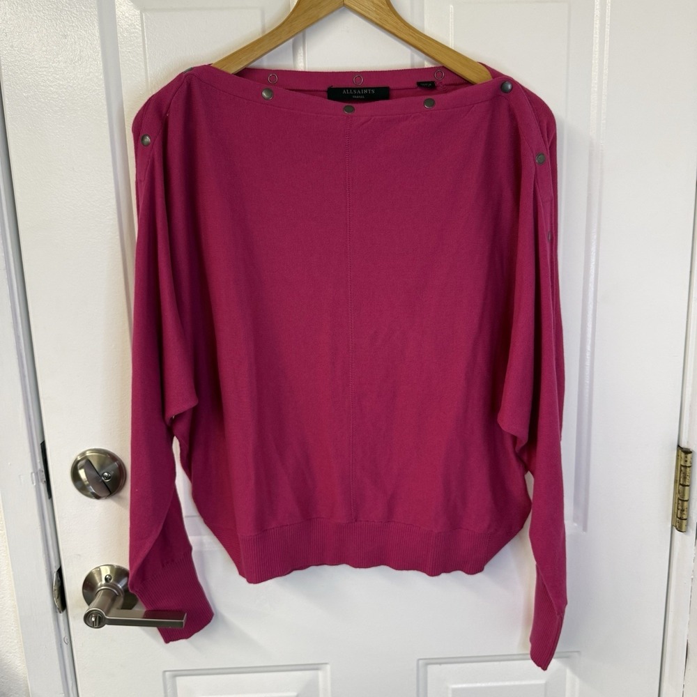 ALLSAINTS Pink Elle Snap-Detail Sweater Small Off-the-shoulder Batwing